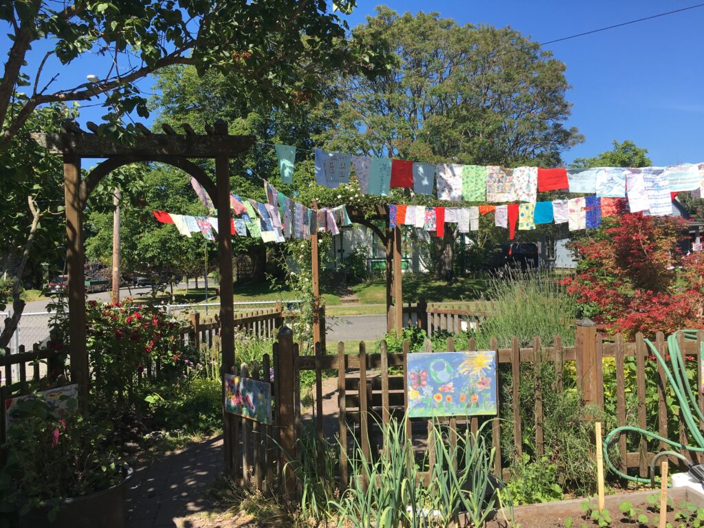 A small memorial garden in the sun. 