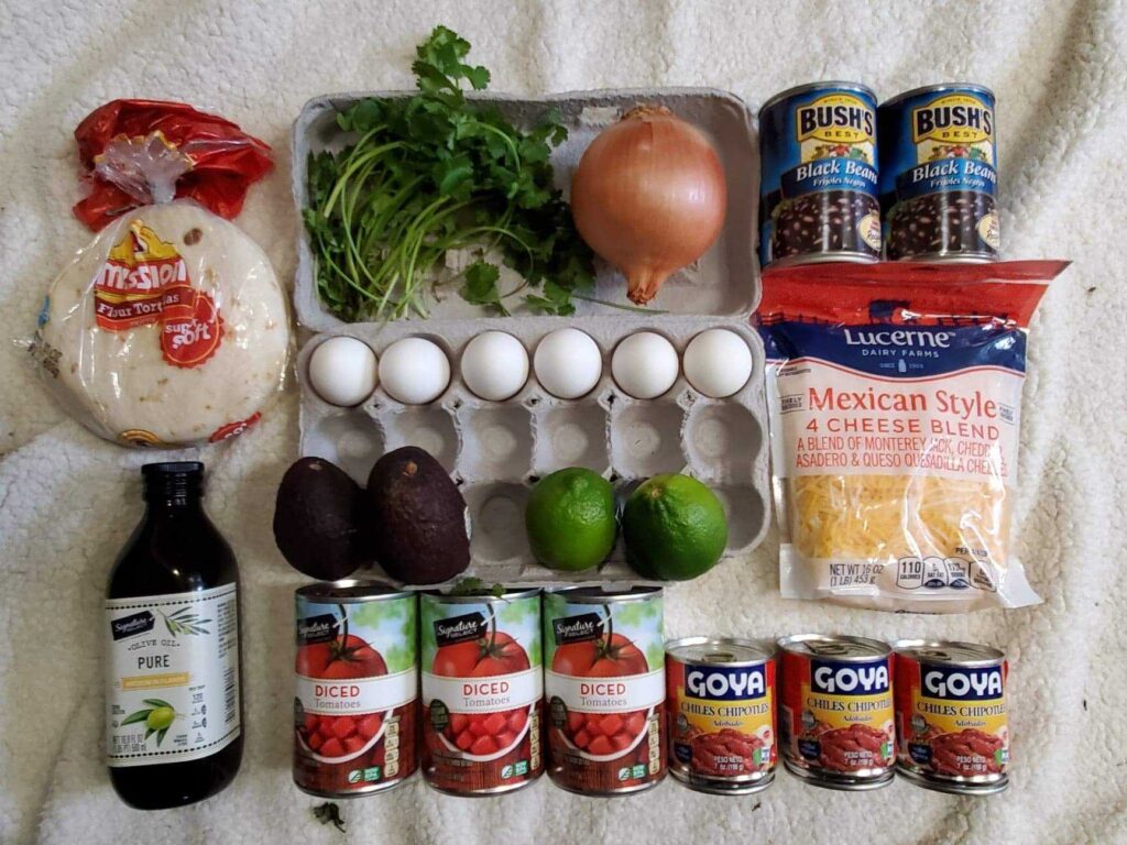 Bird's eye of huevos rancheros ingredients